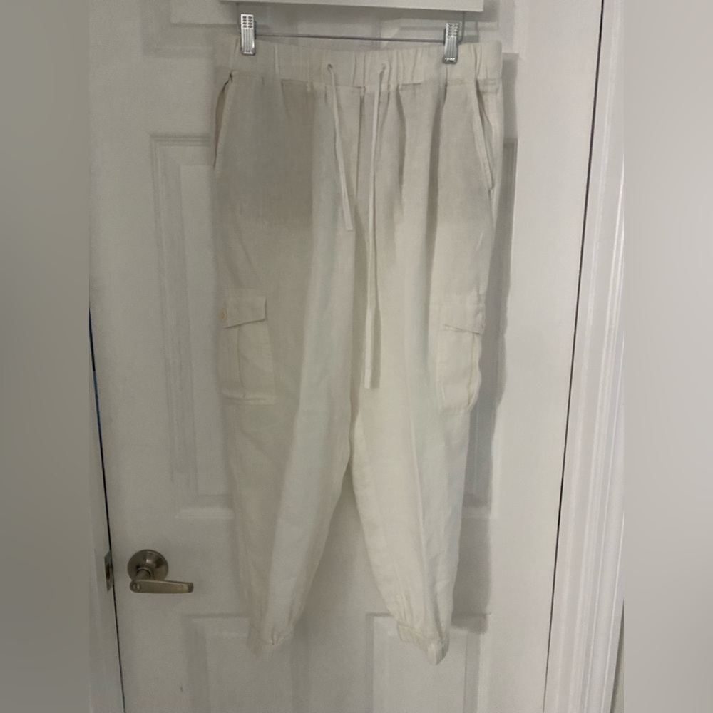 Talbots Cream Cargo Linen Pants Relaxed Fit size M